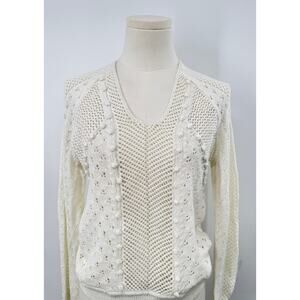 Rebecca Taylor White Cotton Crochet Sweater Pointelle Knit V-neck Grannycore S M